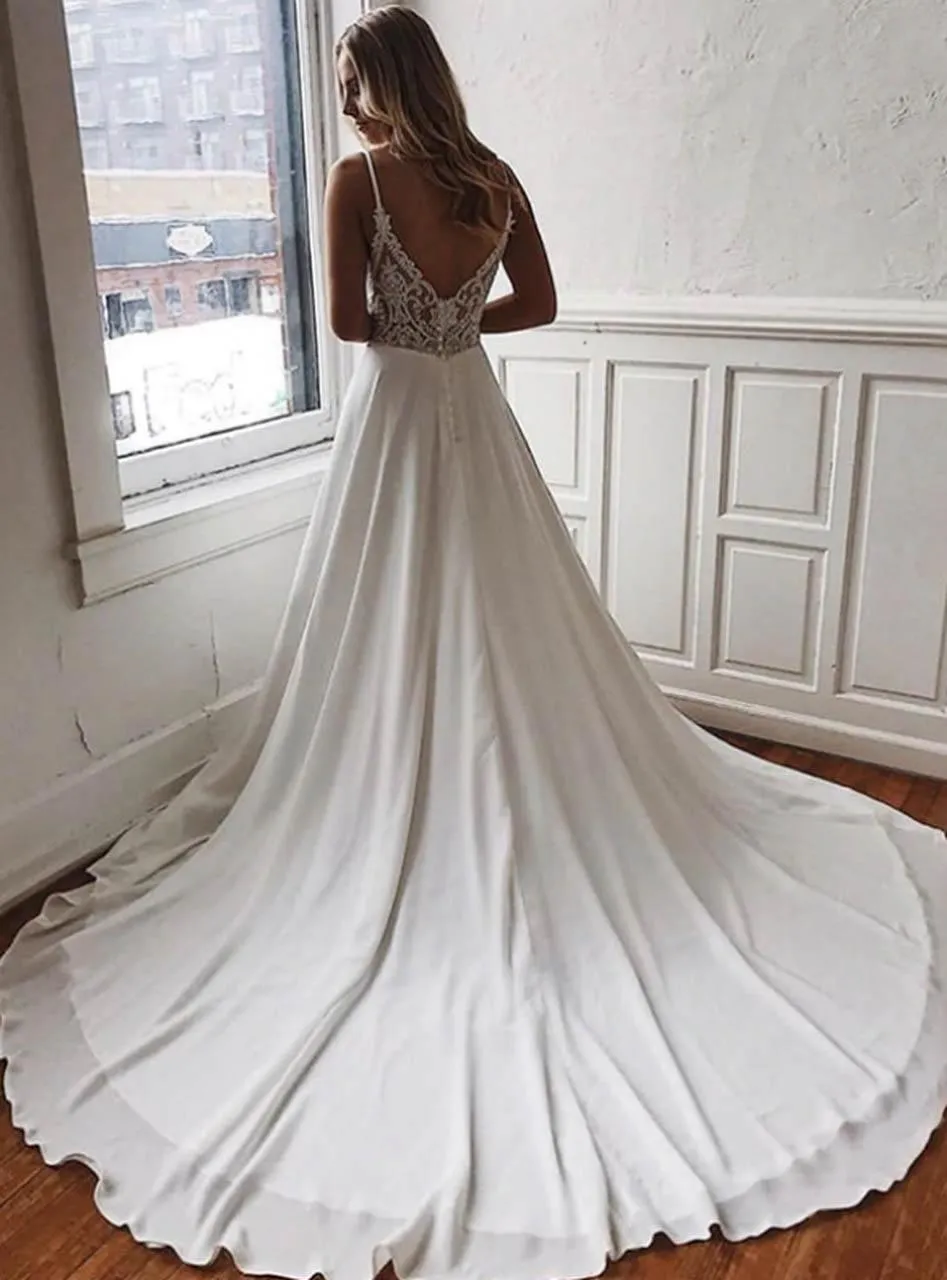 A-Line White Chiffon Spaghetti Straps Lace Backless Wedding Dress TN200