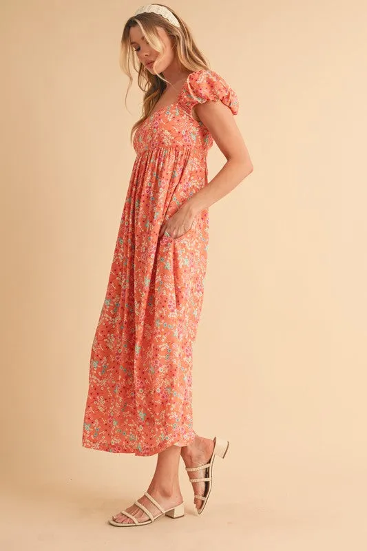 Aemi   Co Cutout Back Floral Square Neck Puff Sleeve Midi Dress