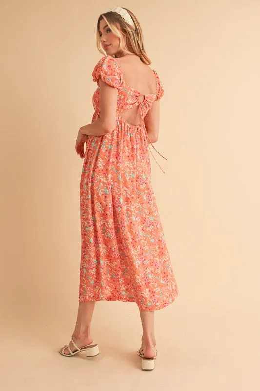 Aemi   Co Cutout Back Floral Square Neck Puff Sleeve Midi Dress