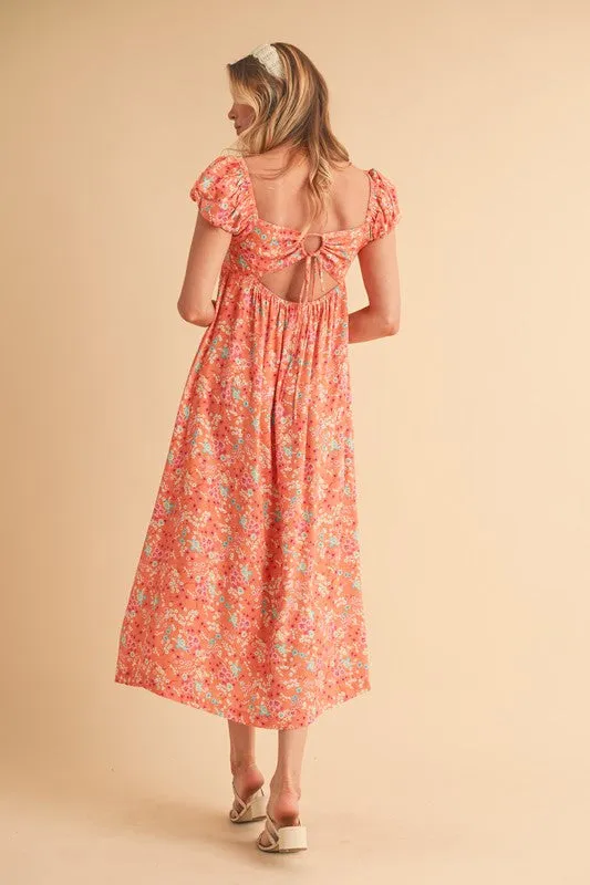 Aemi   Co Cutout Back Floral Square Neck Puff Sleeve Midi Dress
