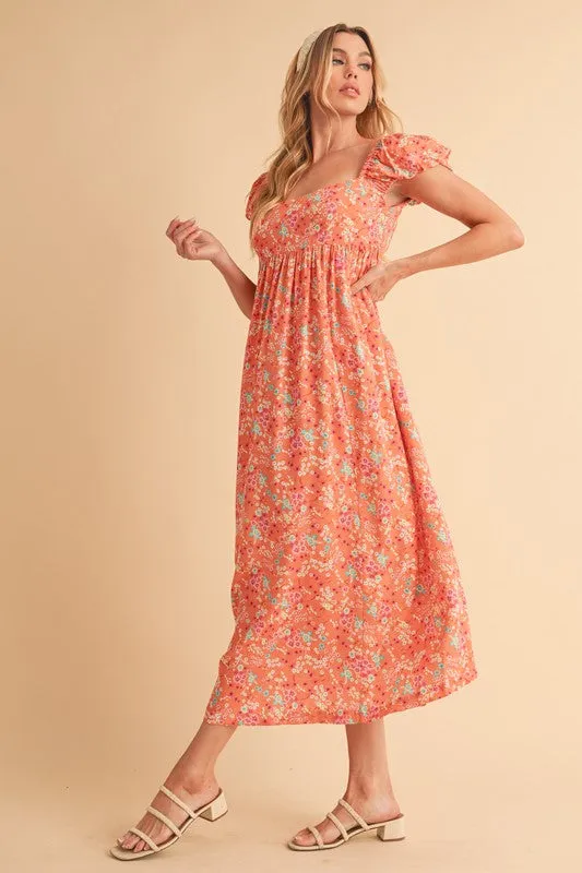 Aemi   Co Cutout Back Floral Square Neck Puff Sleeve Midi Dress