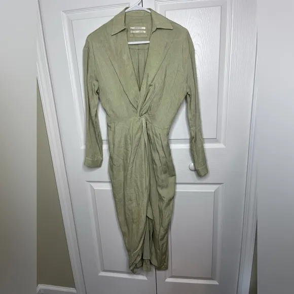 Anthropologie Graziella Twist-Waist Long Sleeve Shirt Dress 0 Light‎ Green Khaki