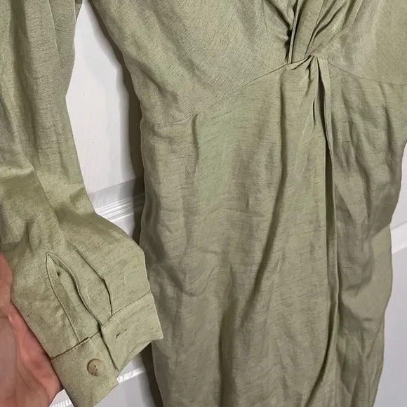 Anthropologie Graziella Twist-Waist Long Sleeve Shirt Dress 0 Light‎ Green Khaki