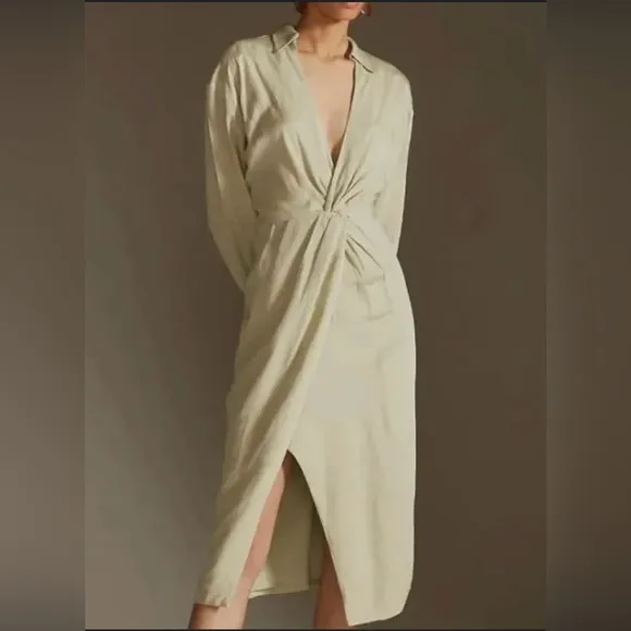 Anthropologie Graziella Twist-Waist Long Sleeve Shirt Dress 0 Light‎ Green Khaki