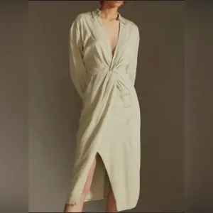 Anthropologie Graziella Twist-Waist Long Sleeve Shirt Dress 0 Light‎ Green Khaki