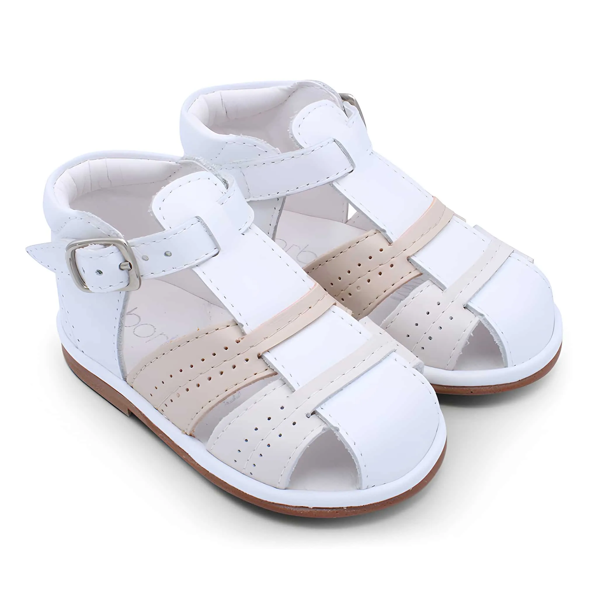 'Augusto' Boys White Leather with Beige & Nude T-Bar Sandals