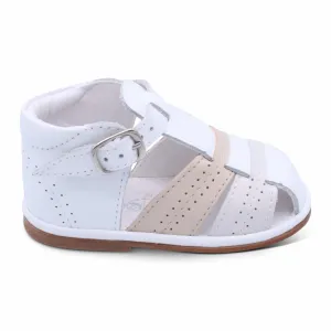 'Augusto' Boys White Leather with Beige & Nude T-Bar Sandals