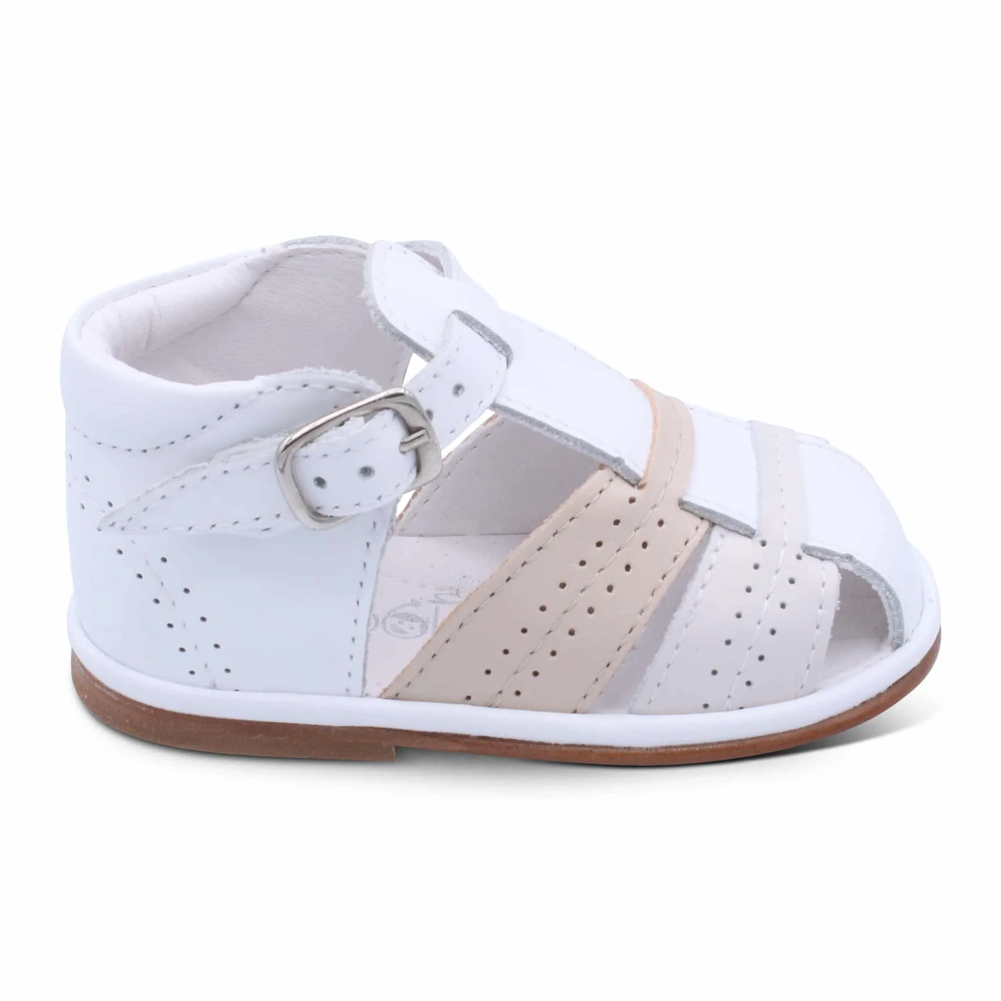 'Augusto' Boys White Leather with Beige & Nude T-Bar Sandals