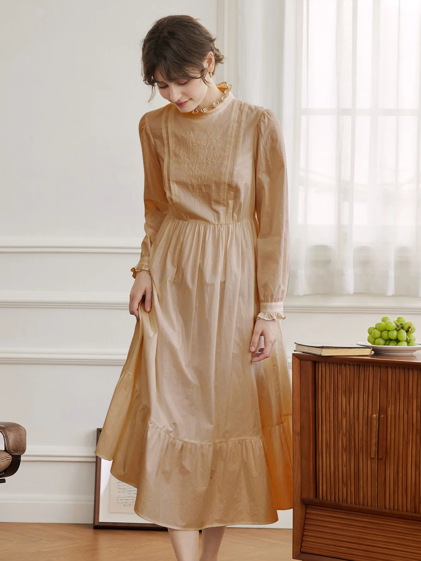 Aurelia Retro Long-sleeve Khaki Dress