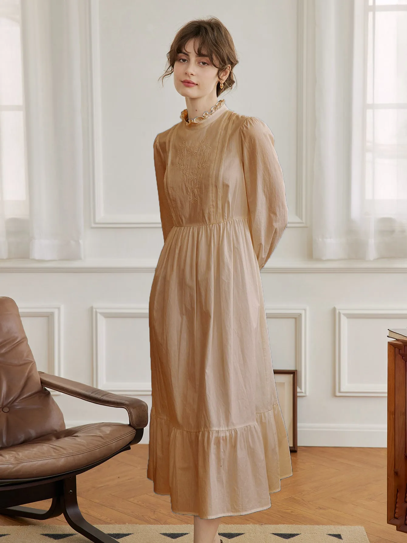 Aurelia Retro Long-sleeve Khaki Dress