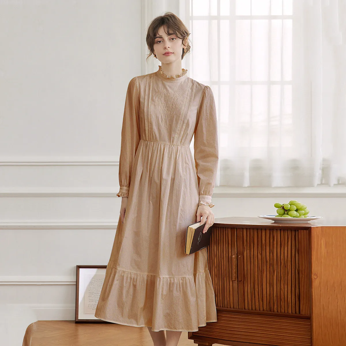 Aurelia Retro Long-sleeve Khaki Dress