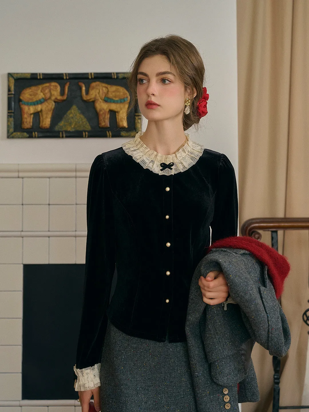 Azaria Round Collar Contrasting Lace Panel Bow Velvet Top - Black