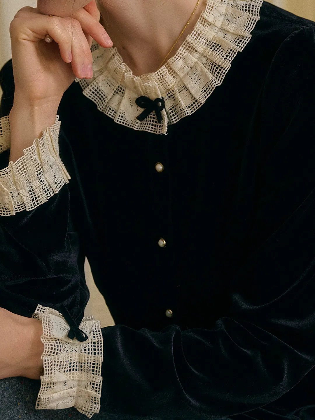 Azaria Round Collar Contrasting Lace Panel Bow Velvet Top - Black