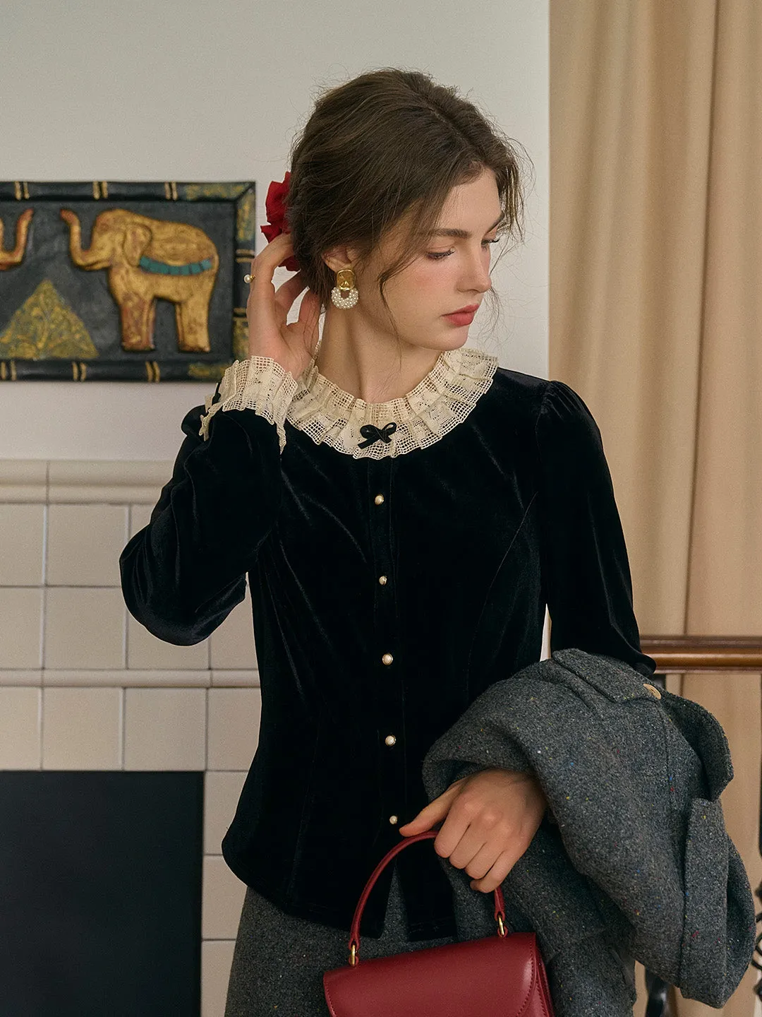 Azaria Round Collar Contrasting Lace Panel Bow Velvet Top - Black