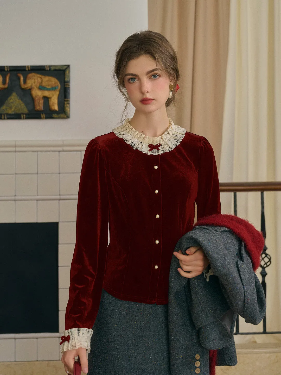 Azaria Round Collar Contrasting Lace Panel Bow Velvet Top - Black