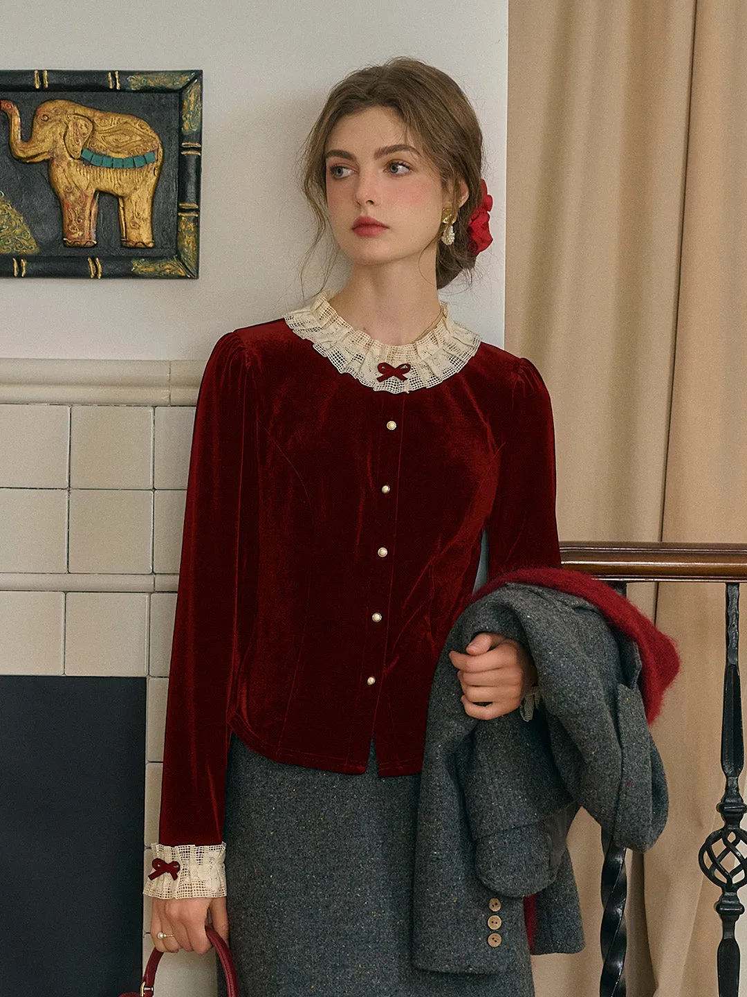 Azaria Round Collar Contrasting Lace Panel Bow Velvet Top - Black