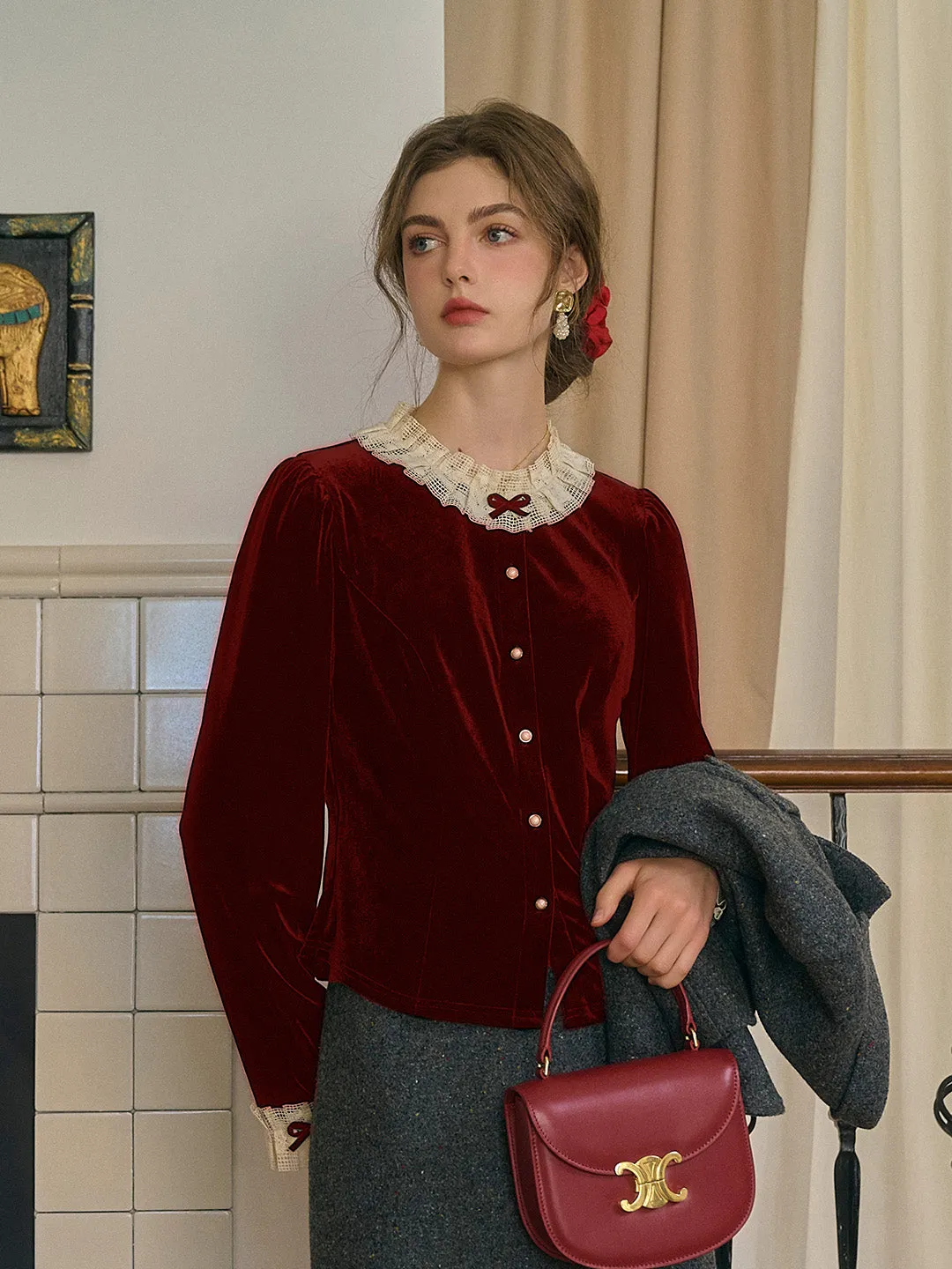 Azaria Round Collar Contrasting Lace Panel Bow Velvet Top - Black