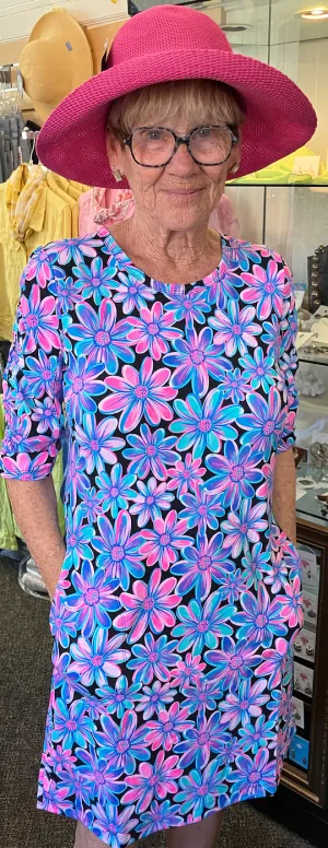 BEACHTIME by LuLuB...Bold & Bright Flower Round Neck Dress with 3/4 Sleeves and Front Pockets (UPF 50)