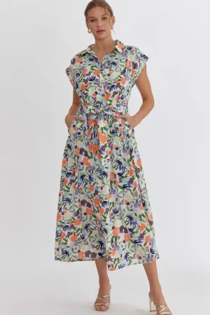 BEAUTIFUL FLORAL PRINT CAP SLEEVE COLLARED MIDI DRESS