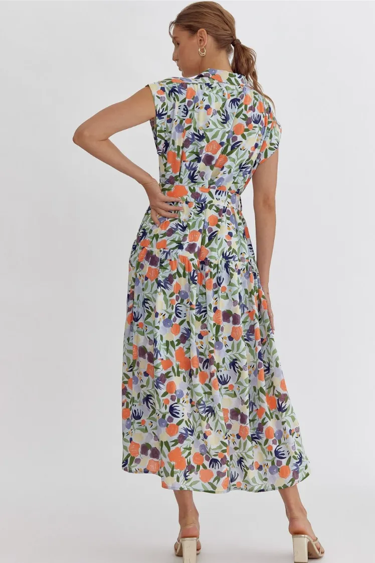 BEAUTIFUL FLORAL PRINT CAP SLEEVE COLLARED MIDI DRESS