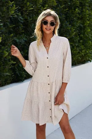 Beige Buttton Down Plain Loose Fit Dress