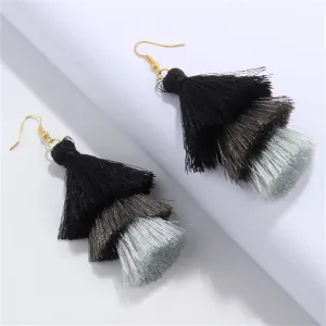 Black & Gray Tiered Tassel Drop Earrings