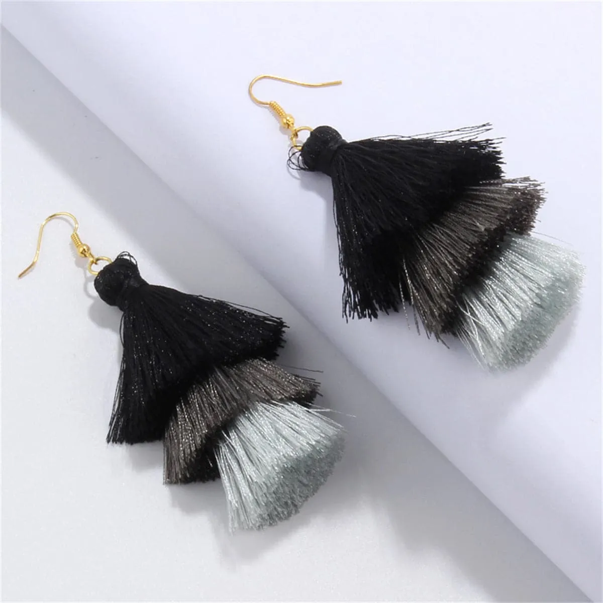 Black & Gray Tiered Tassel Drop Earrings