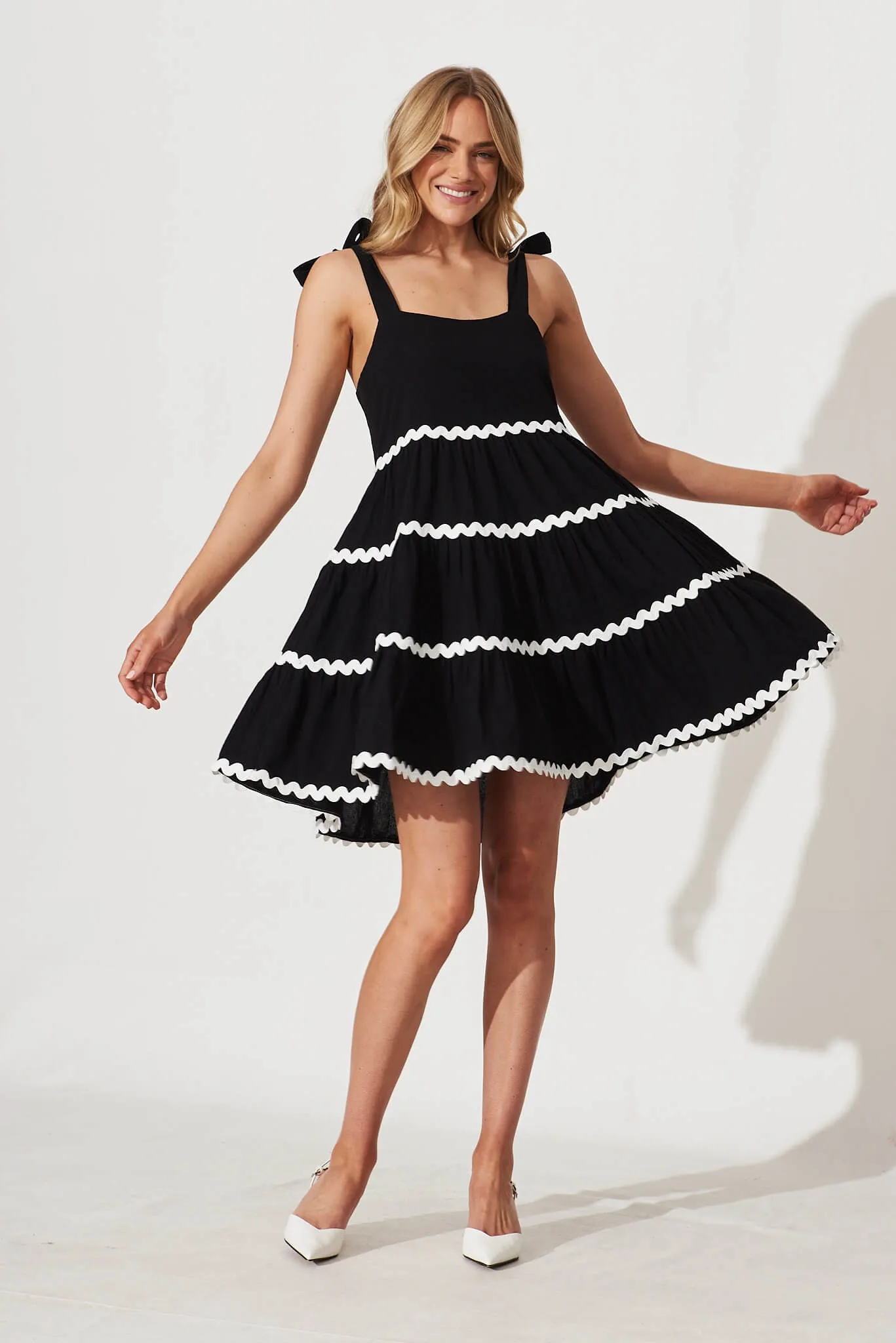 Black Cotton Dress with White Trim
