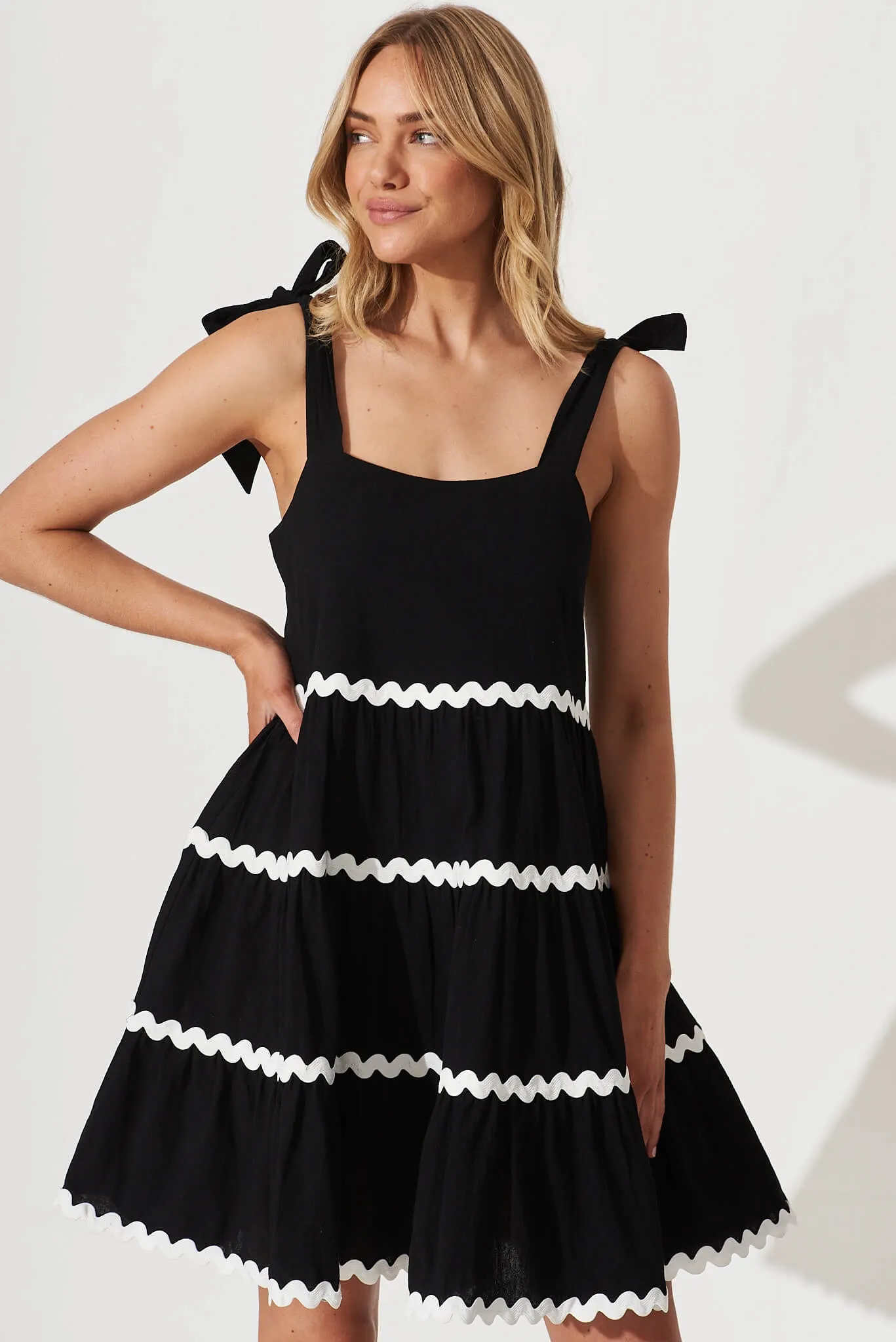 Black Cotton Dress with White Trim