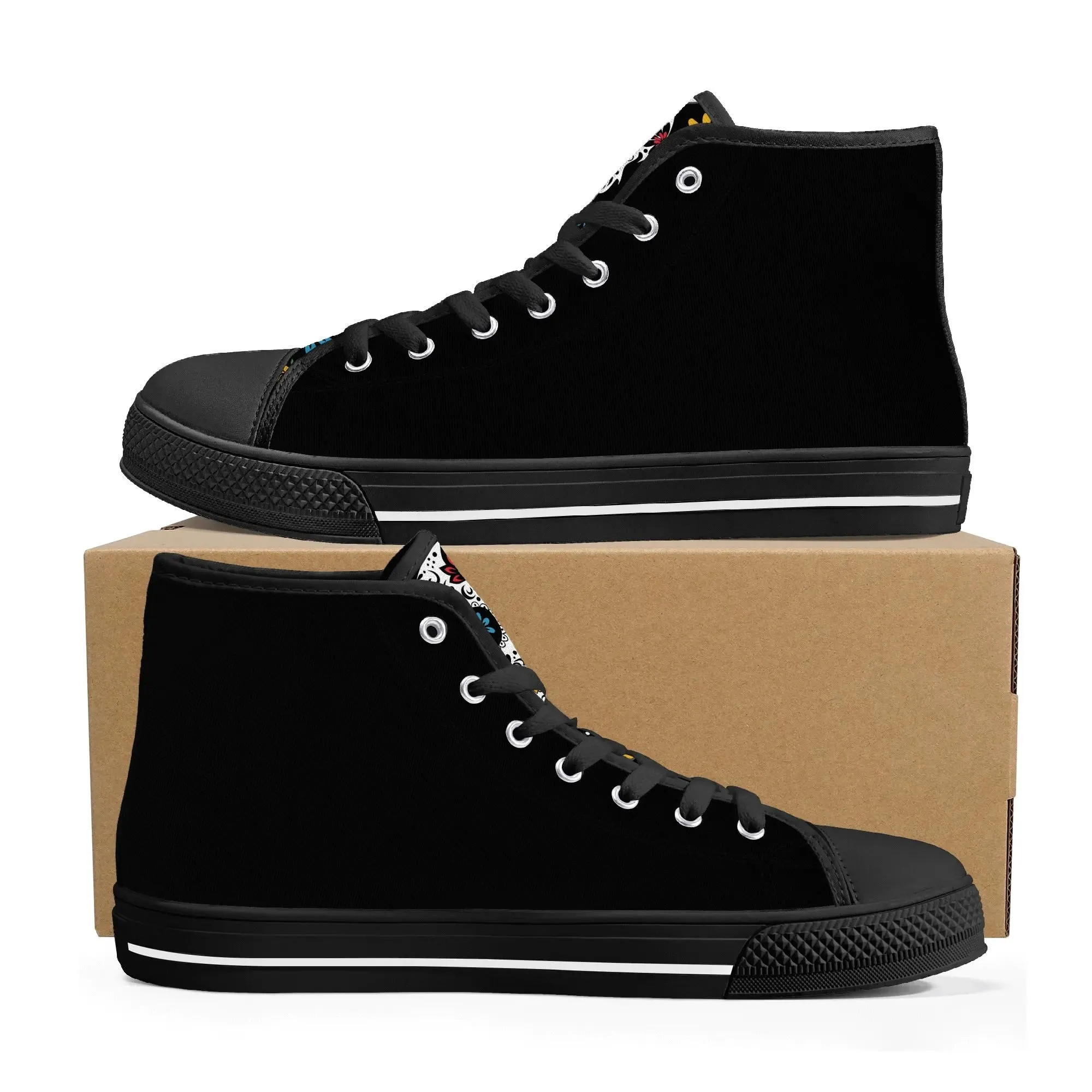 Black Sugar Skull Tongue Womens High Top Canvas Shoes