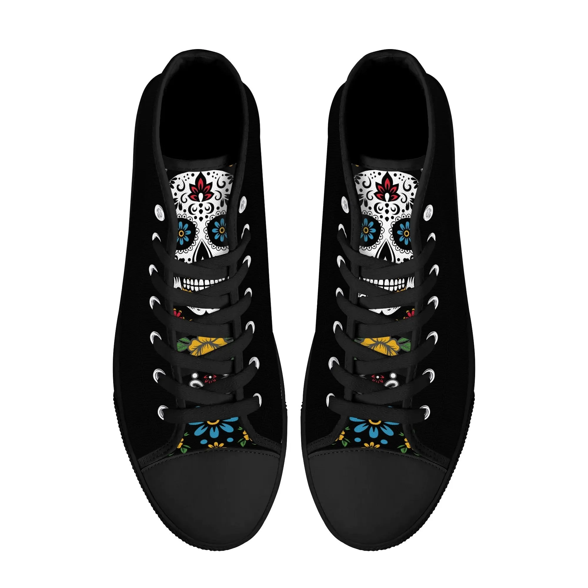 Black Sugar Skull Tongue Womens High Top Canvas Shoes