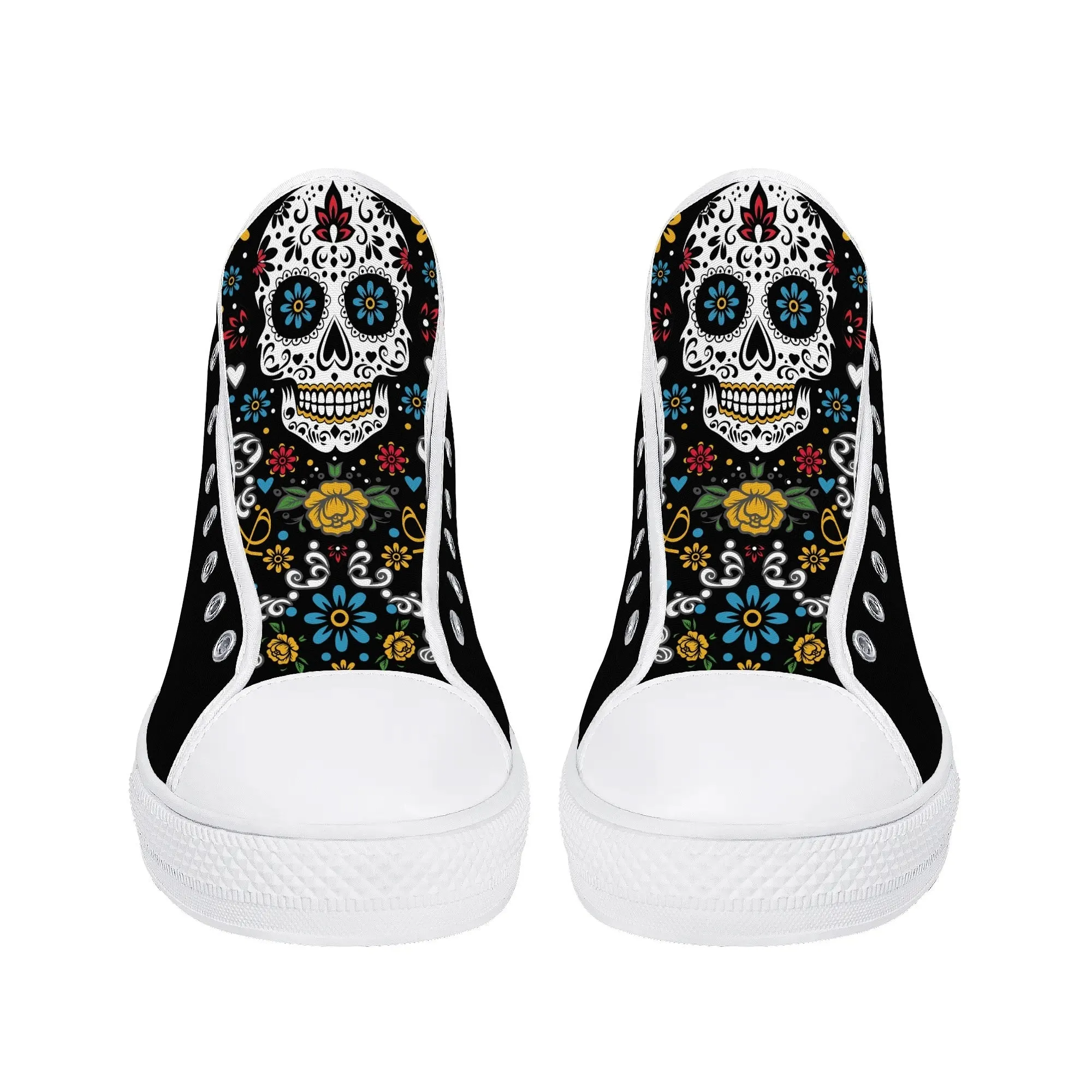 Black Sugar Skull Tongue Womens High Top Canvas Shoes