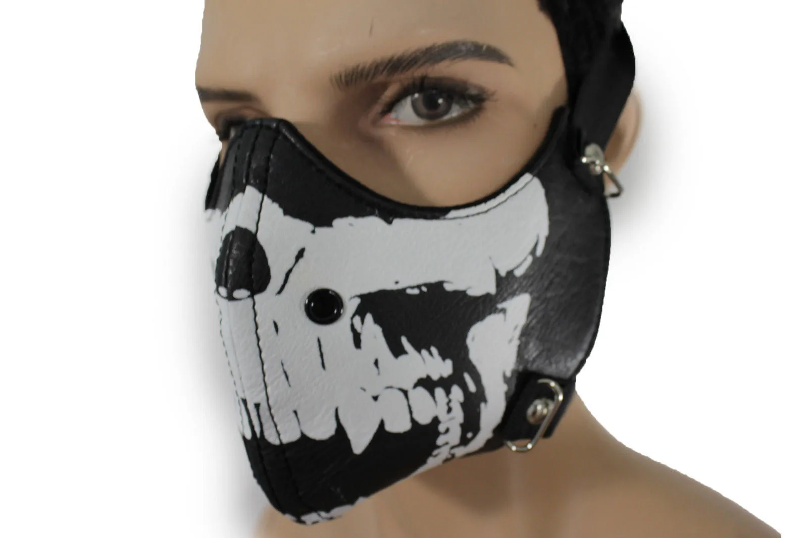 Black White Skull Print Muzzle S&M Rave Goth Face Mask Men Halloween Costume Carnival Accessories