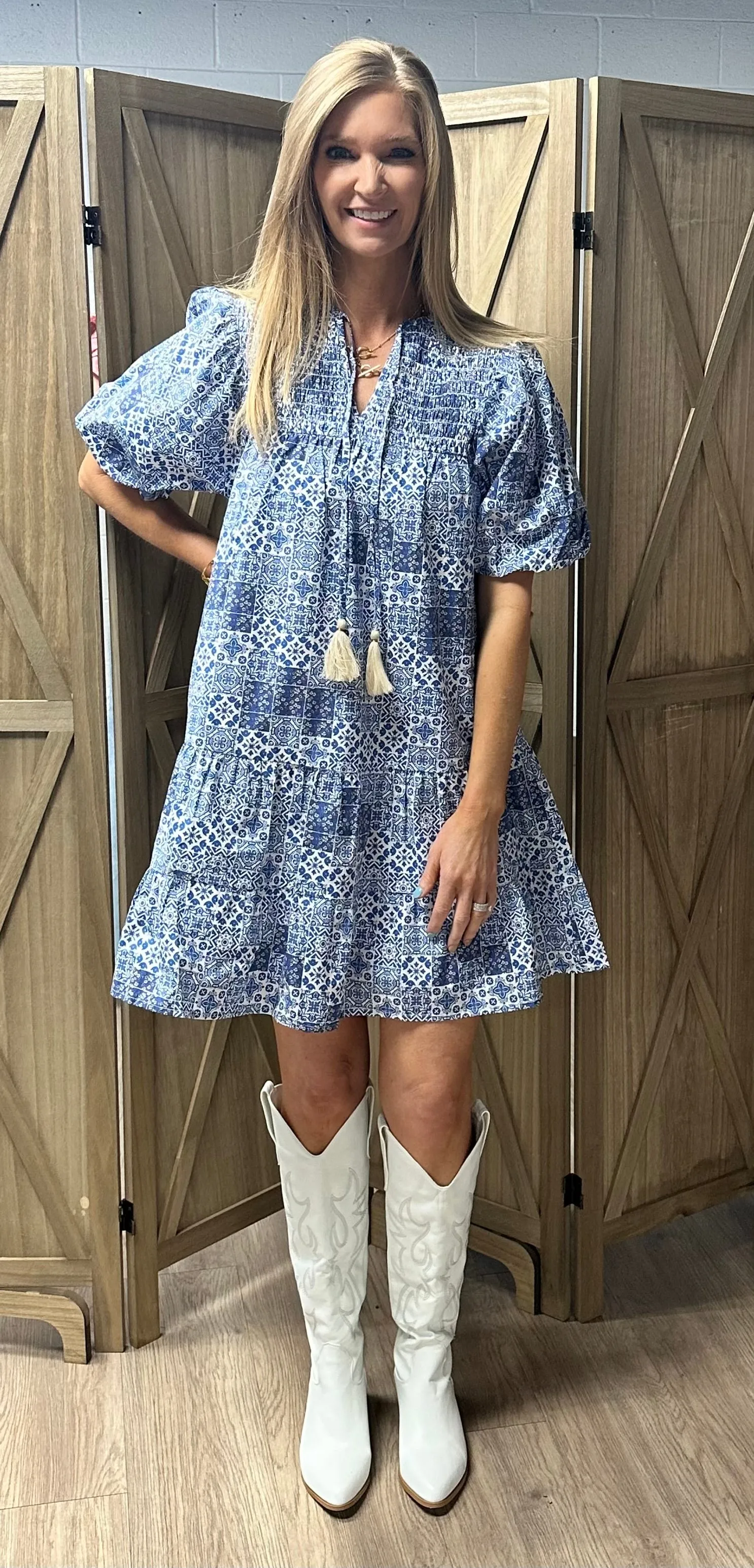 Blue & White Puff Sleeve Pattern Dress
