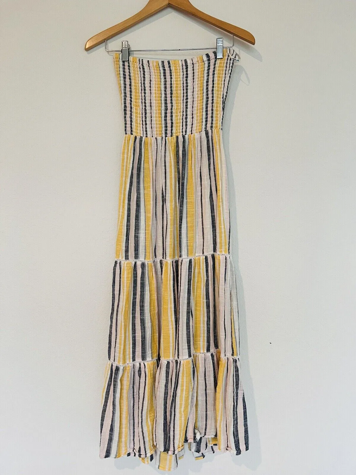 BLUE ISLAND Striped Strapless Dress Sz M Yellow Tiered Maxi Botton Up Bow