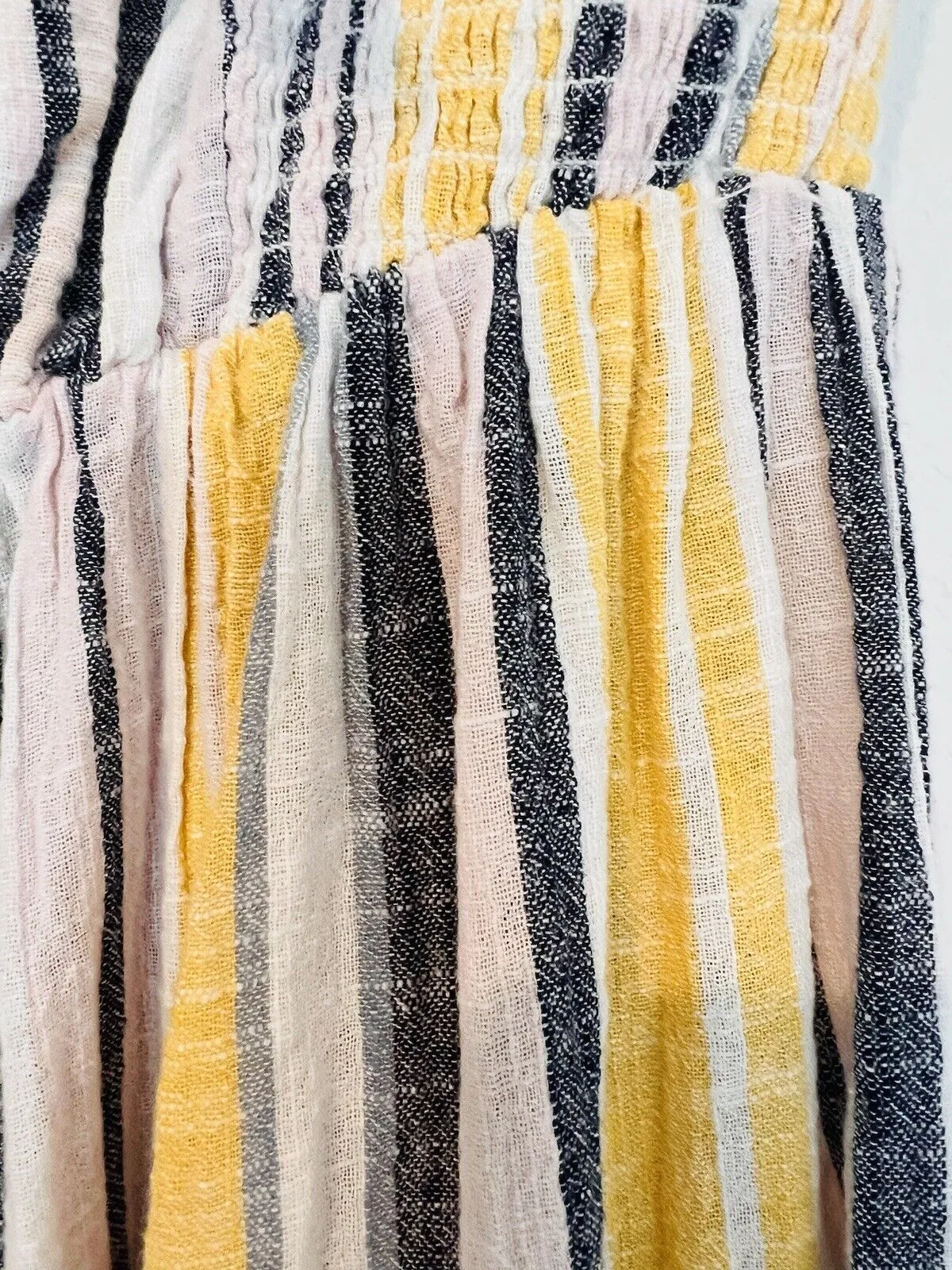 BLUE ISLAND Striped Strapless Dress Sz M Yellow Tiered Maxi Botton Up Bow