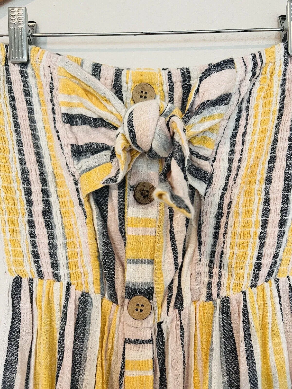 BLUE ISLAND Striped Strapless Dress Sz M Yellow Tiered Maxi Botton Up Bow