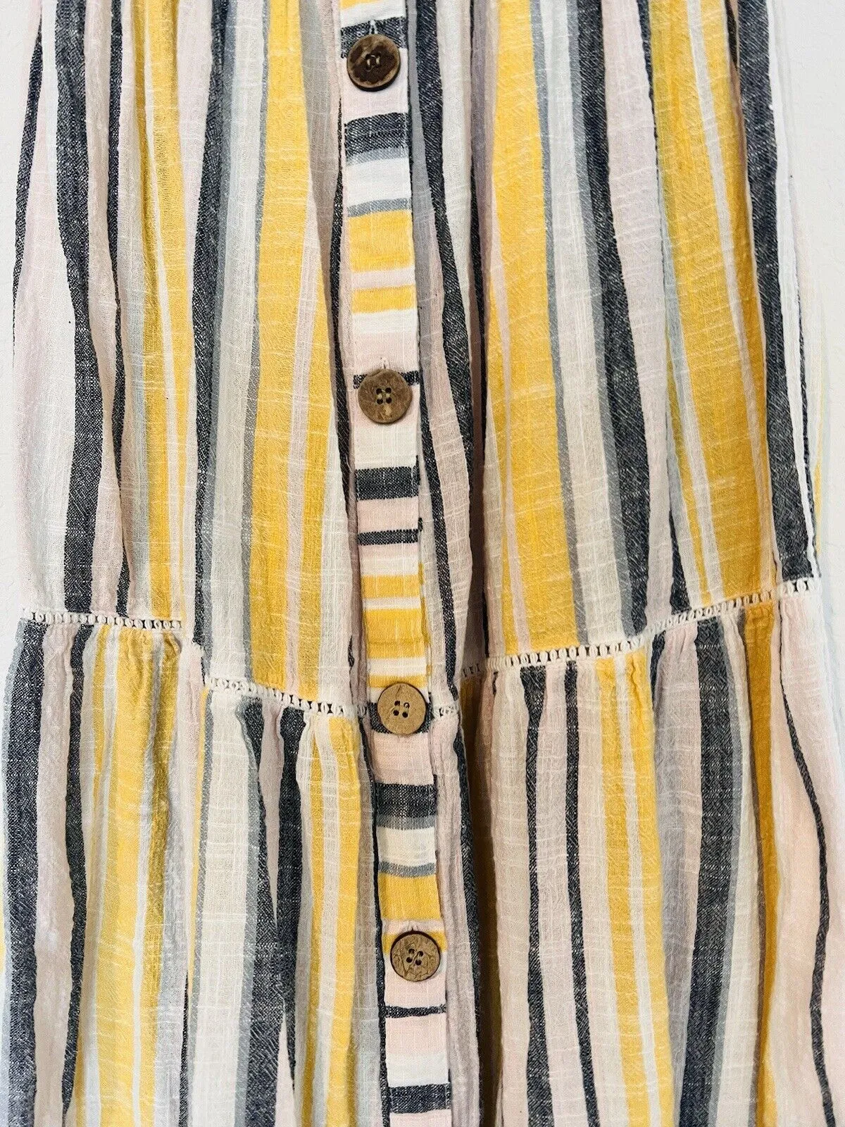 BLUE ISLAND Striped Strapless Dress Sz M Yellow Tiered Maxi Botton Up Bow