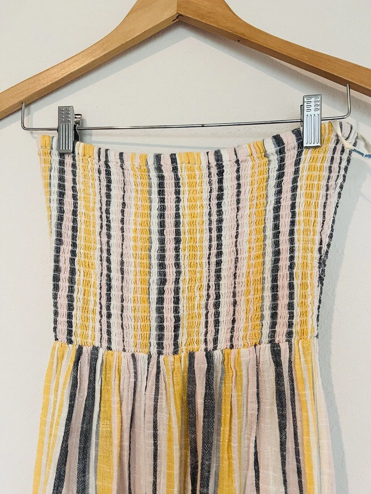 BLUE ISLAND Striped Strapless Dress Sz M Yellow Tiered Maxi Botton Up Bow