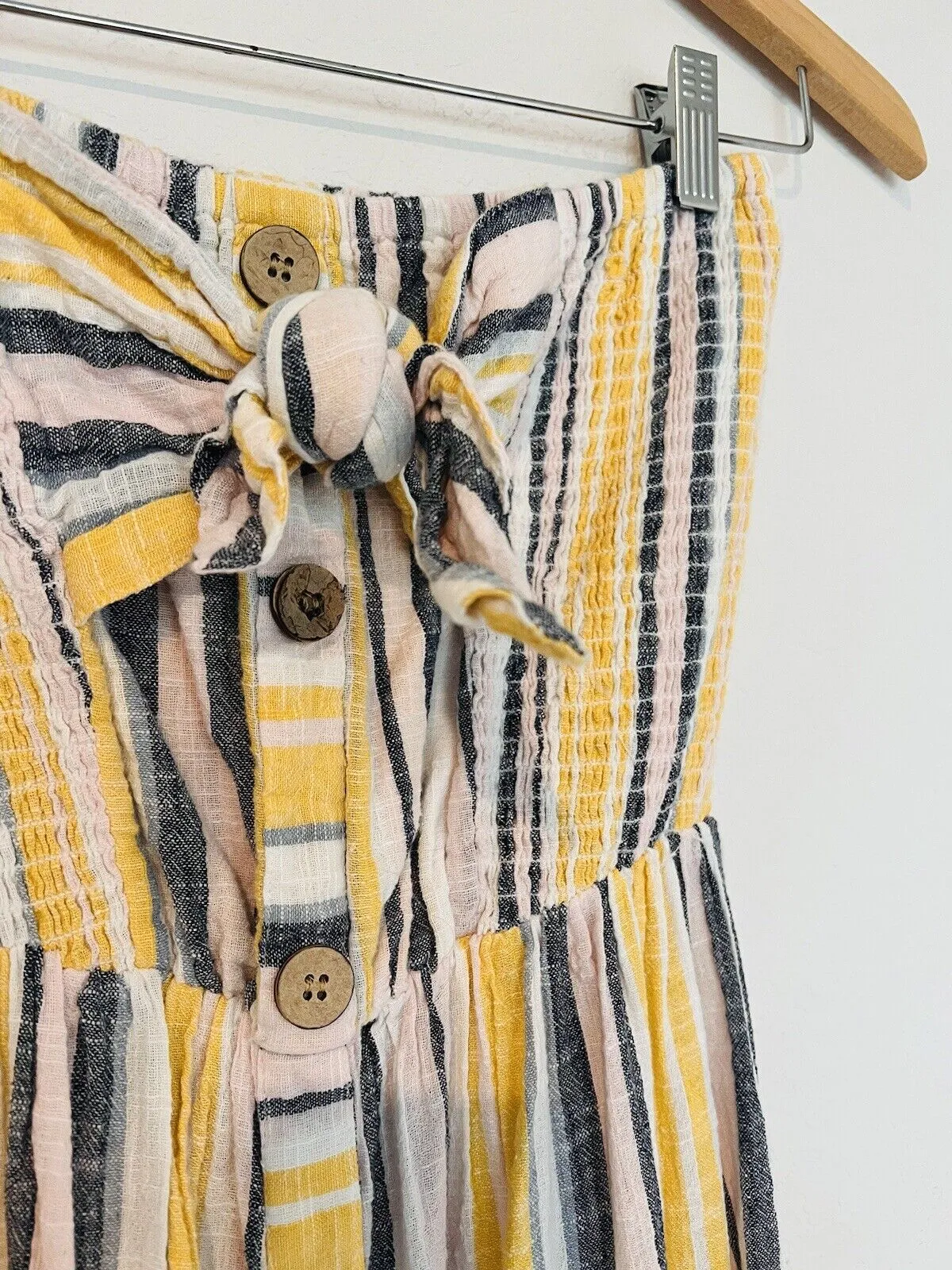 BLUE ISLAND Striped Strapless Dress Sz M Yellow Tiered Maxi Botton Up Bow