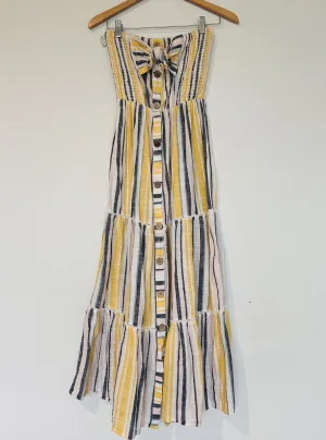 BLUE ISLAND Striped Strapless Dress Sz M Yellow Tiered Maxi Botton Up Bow