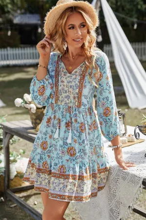 Blue Long Sleeves Floral Ruffled Dress