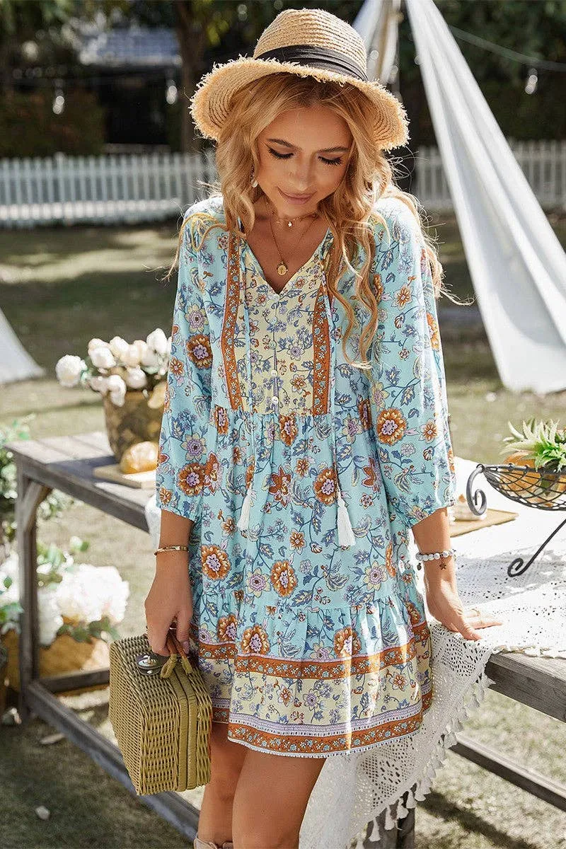 Blue Long Sleeves Floral Ruffled Dress