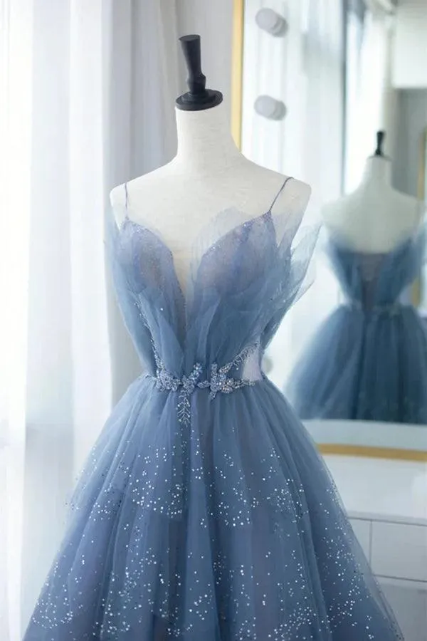Blue Tulle Long A-Line Prom Dresses Blue Evening Dresses with Beaded TP1209