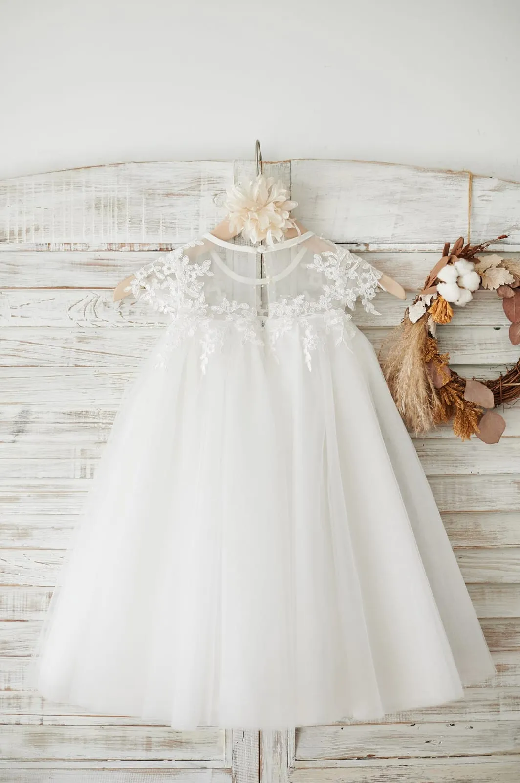 Boho Beach Sheer Neck Ivory Tulle Lace Wedding Flower Girl Dress