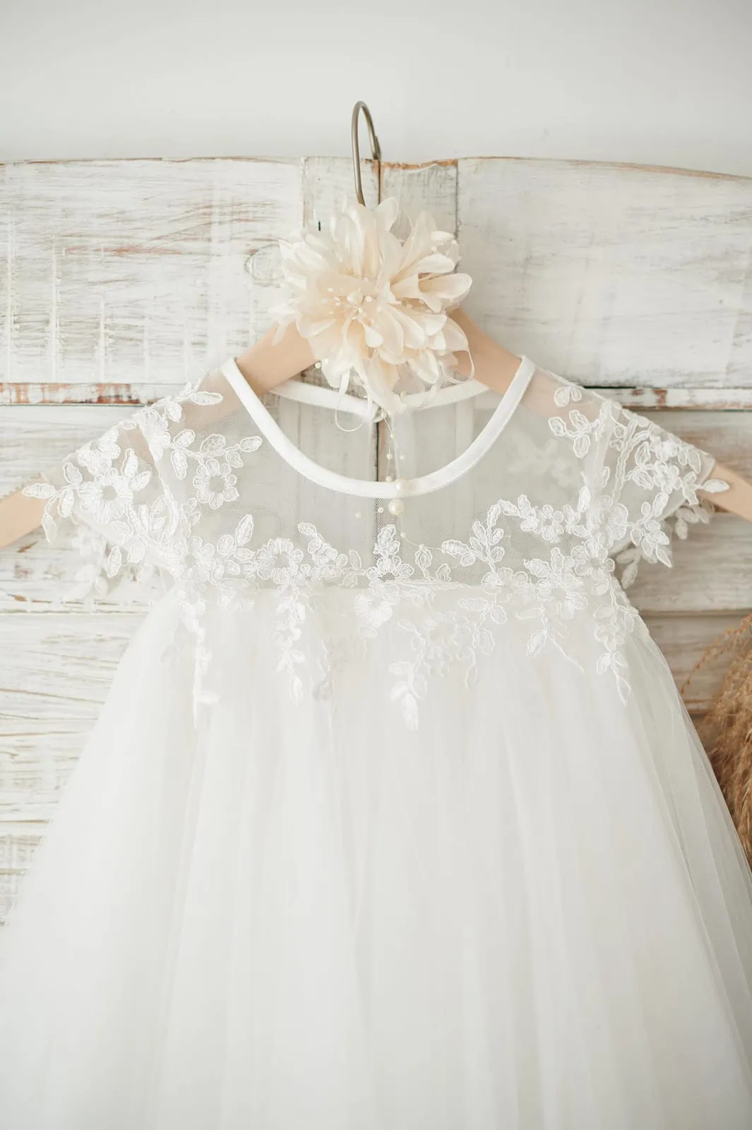 Boho Beach Sheer Neck Ivory Tulle Lace Wedding Flower Girl Dress