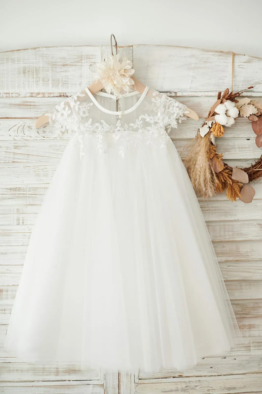 Boho Beach Sheer Neck Ivory Tulle Lace Wedding Flower Girl Dress