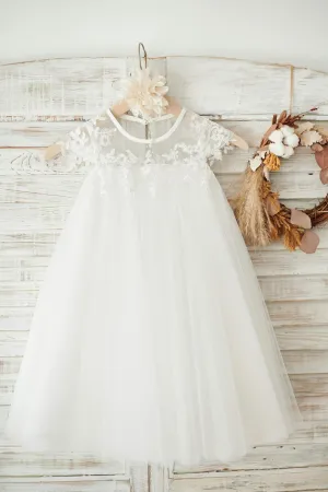 Boho Beach Sheer Neck Ivory Tulle Lace Wedding Flower Girl Dress