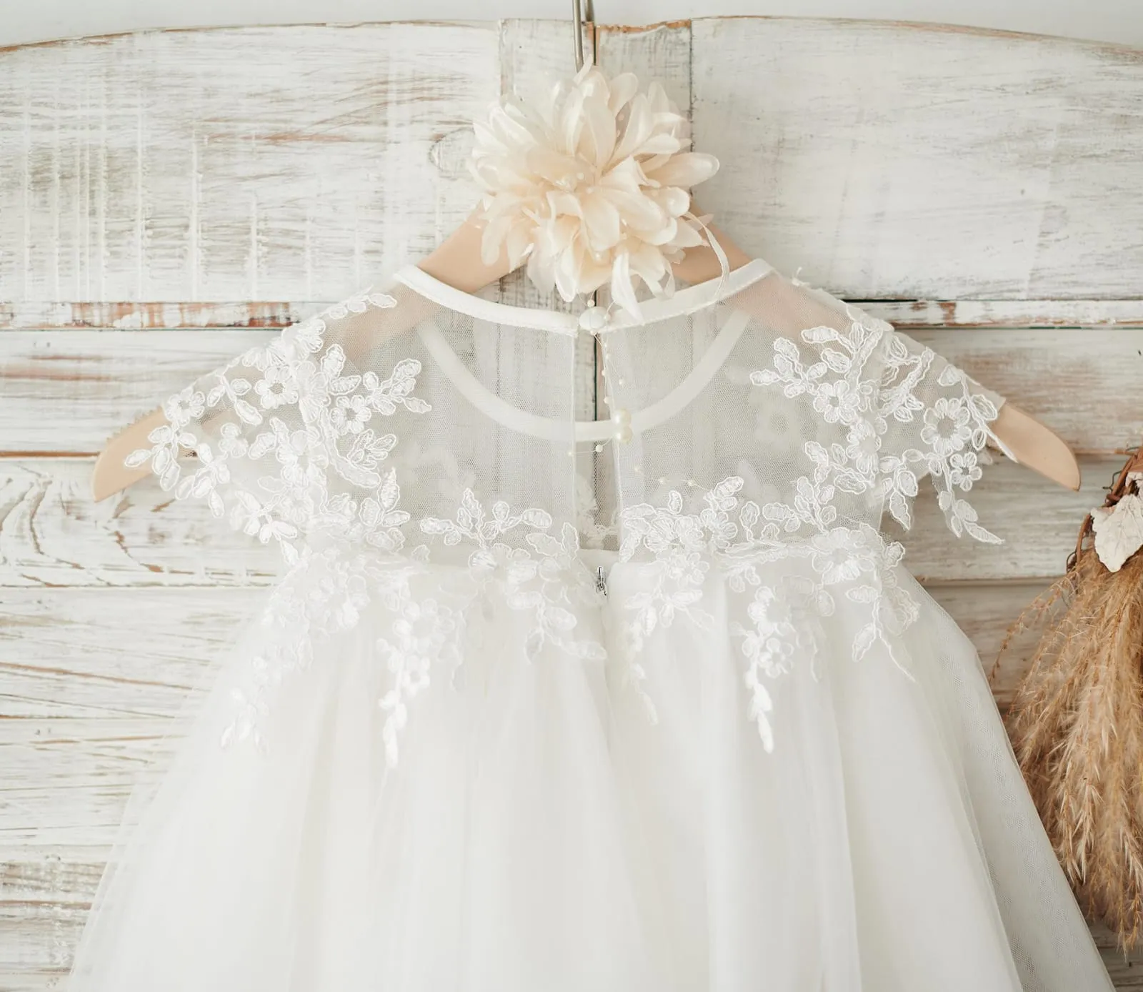Boho Beach Sheer Neck Ivory Tulle Lace Wedding Flower Girl Dress