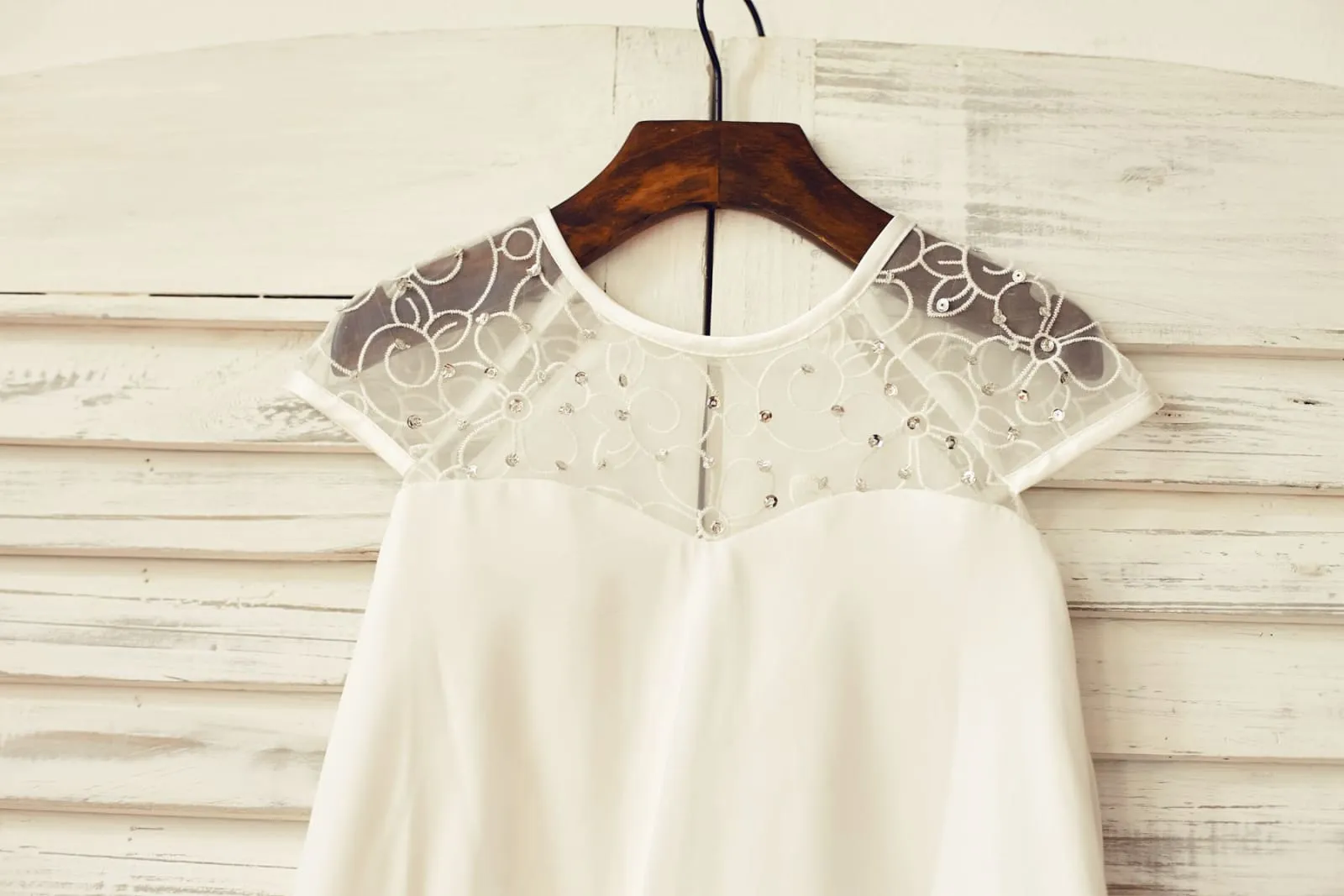 Boho Sheer Neck Ivory Chiffon Flower Girl Dress